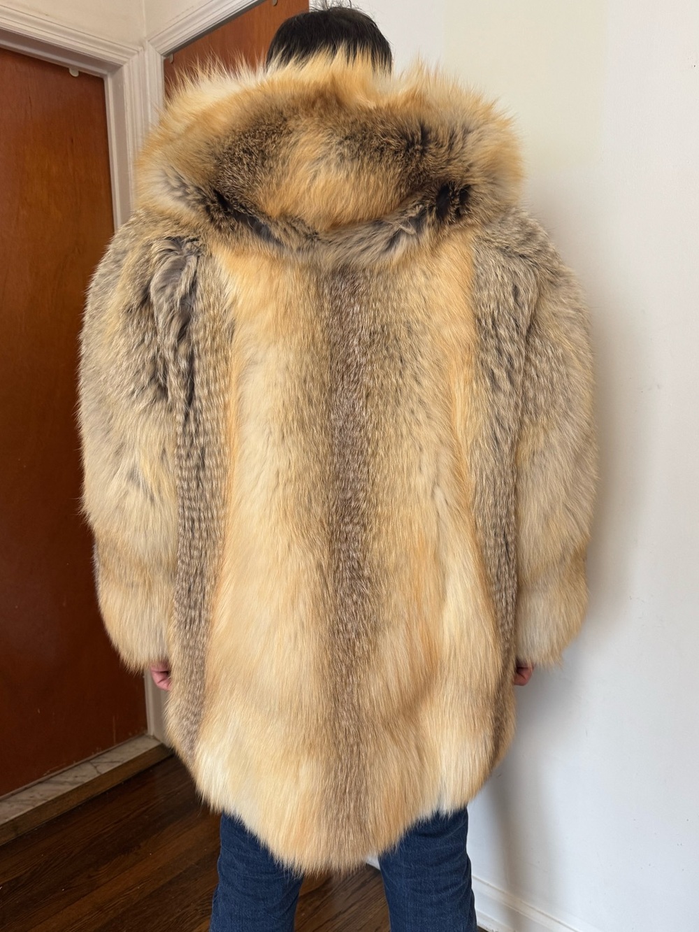Golden island gold fox Luxurious Natural Fur Coat -Honey Blonde Tones Men  hood - Picture 2 of 16